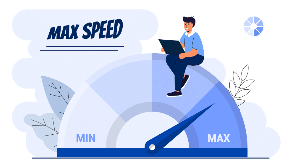 web page speed: a man sitting on a speedometer showing max page speed