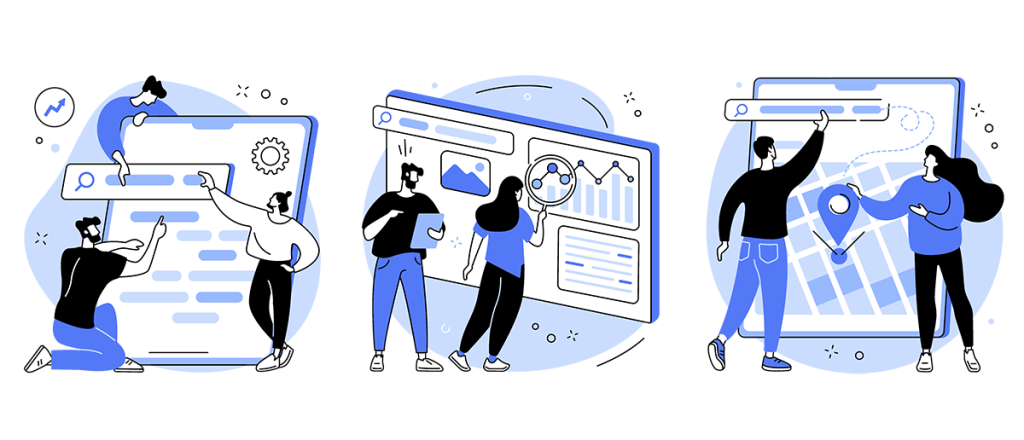 a group of people standing next to a screens displaying page speed metrics