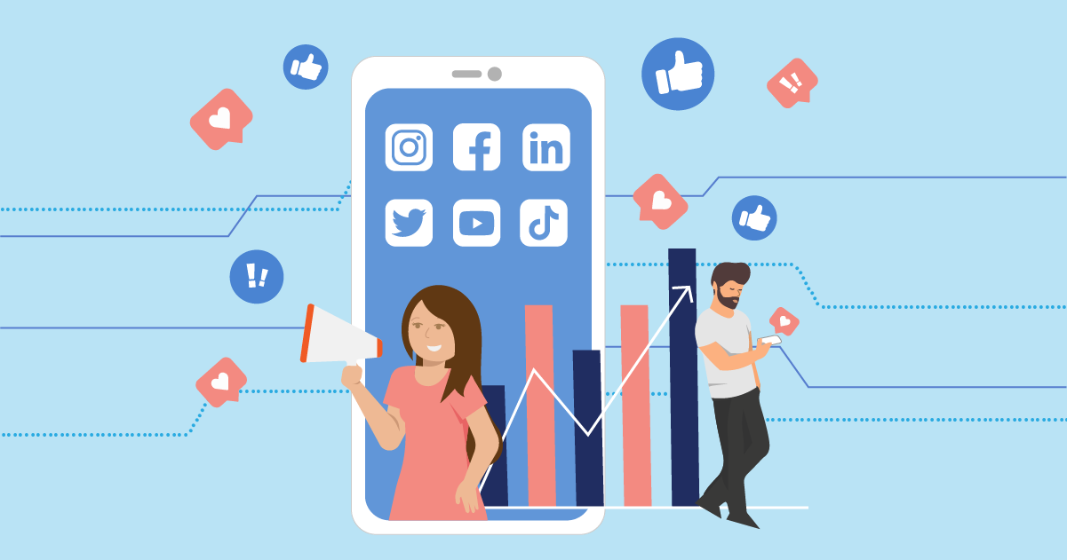 a graphic of two people using social media and sending likes.