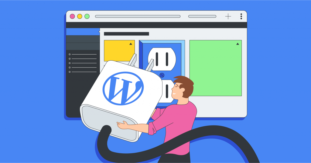 Man with giant plug with the Wordpress logo. He's plugging into a computer screen with an an electrical outlet graphic on it.