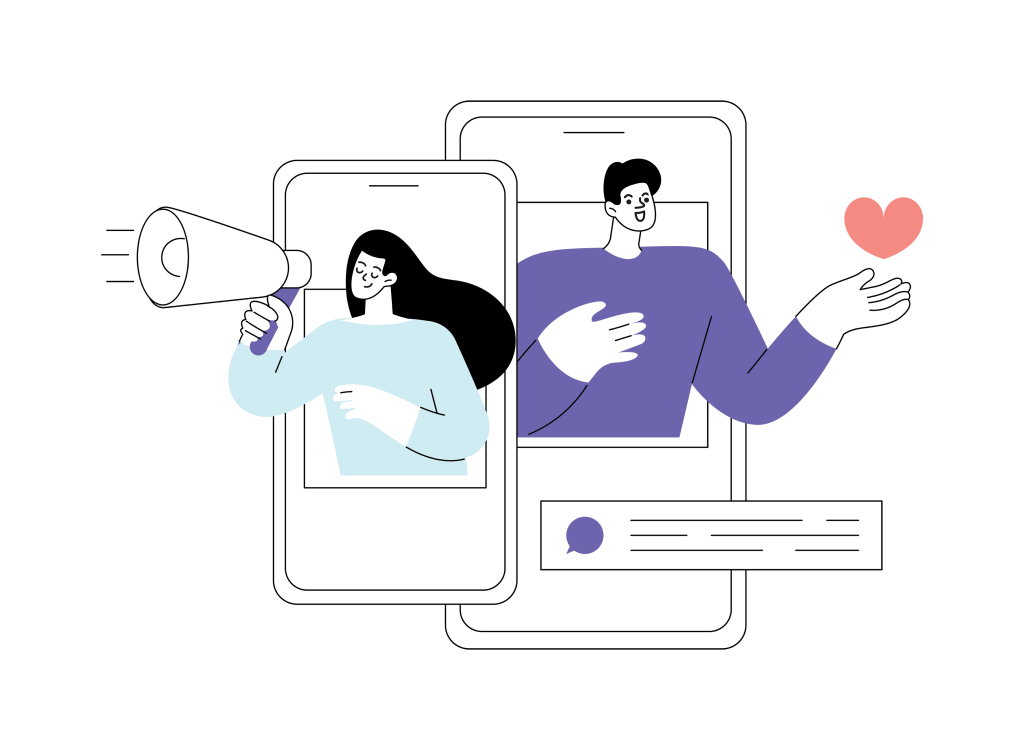 a woman holding a megaphone and a man holding a heart coming out of screens