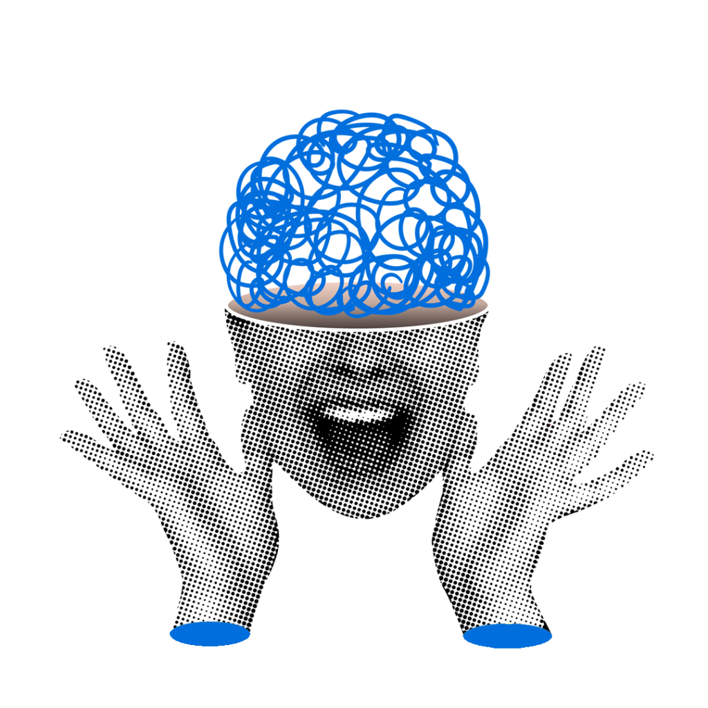 head with exposed brain showing confusion with hands below