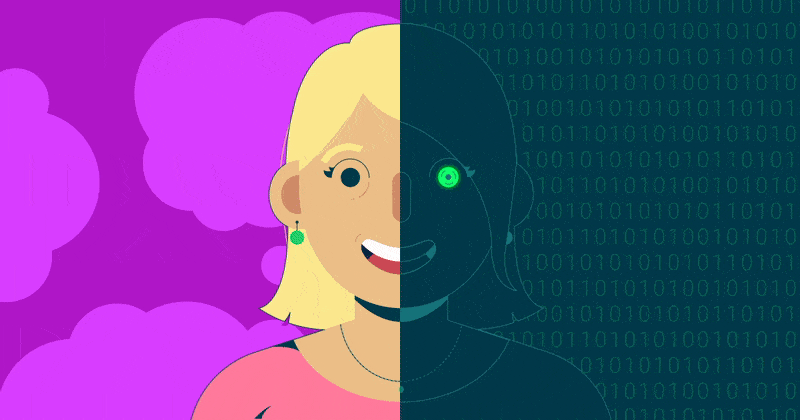 gif of a woman split in half. one half is a vector representation of a woman. The other has animated ones and zeros filling in the outline of the woman.