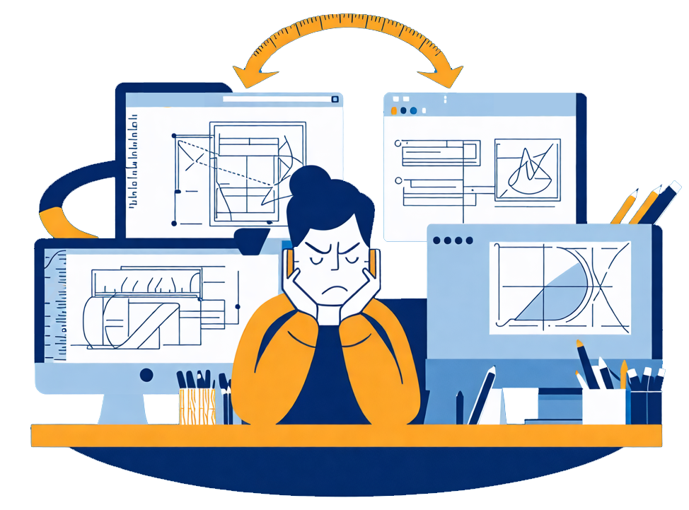A frustrated graphic designer at a desk with computer screens
