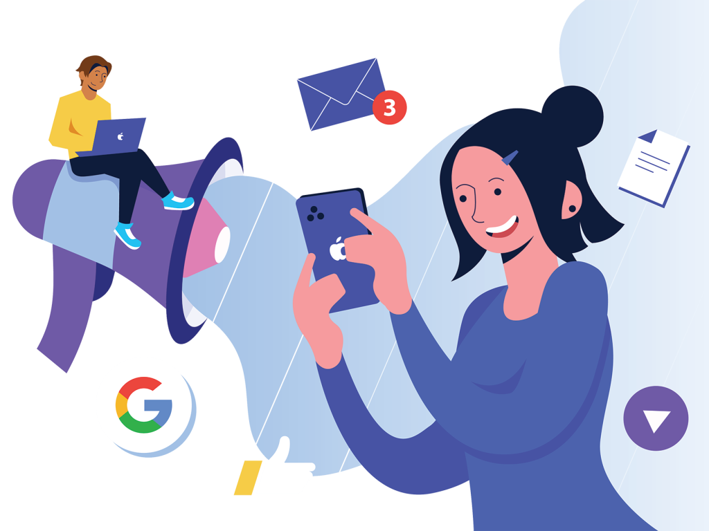 a man and woman using different tools to communicate brand loyalty