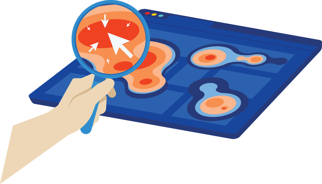 hand with a magnifying glass looking over a heatmap on a webpage