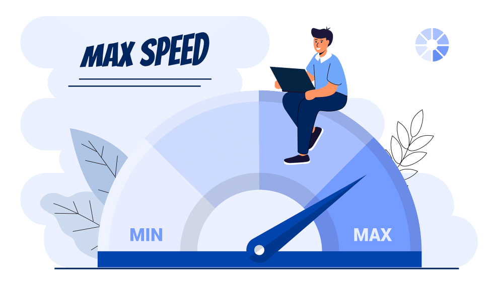 a man sitting on a speedometer showing max speed