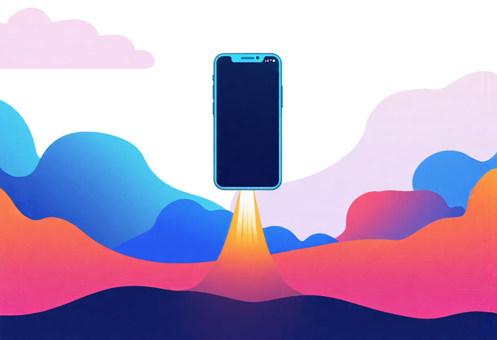 Smart Phone taking off like a rocket into the sky