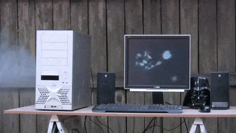A gif showing a computer exploding. 