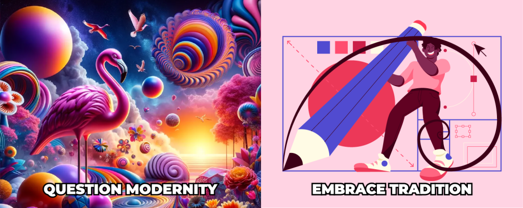 AI-generated fantasy landscape with 'Question Modernity' text alongside handcrafted Golden Ratio art with 'Embrace Tradition' text