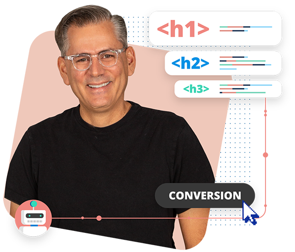 Conversions photograph of a man with h1, h2 and h3 graphics. with text: conversion