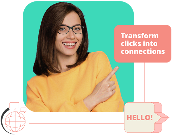 TransformClicksHeader web design tampa - Photograph of a woman pointing to text: transform clicks into connections.