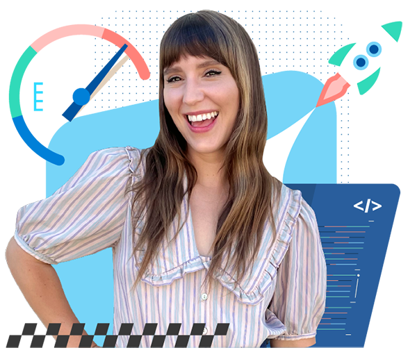 WebpageSpeed photograph of smiling woman surrounded by graphics: a speedometer, rocket and code elements
