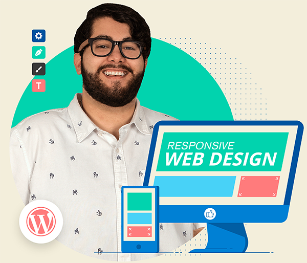 responsiveweb photograph of a team member with a graphic background of responsive web design elements.